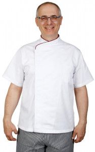Куртка шеф-повара премиум белая рукав короткий (отделка бордовый кант) [00014]