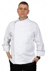 Куртка шеф-повара премиум белая рукав длинный с манжетом (отделка черный кант) [00012]